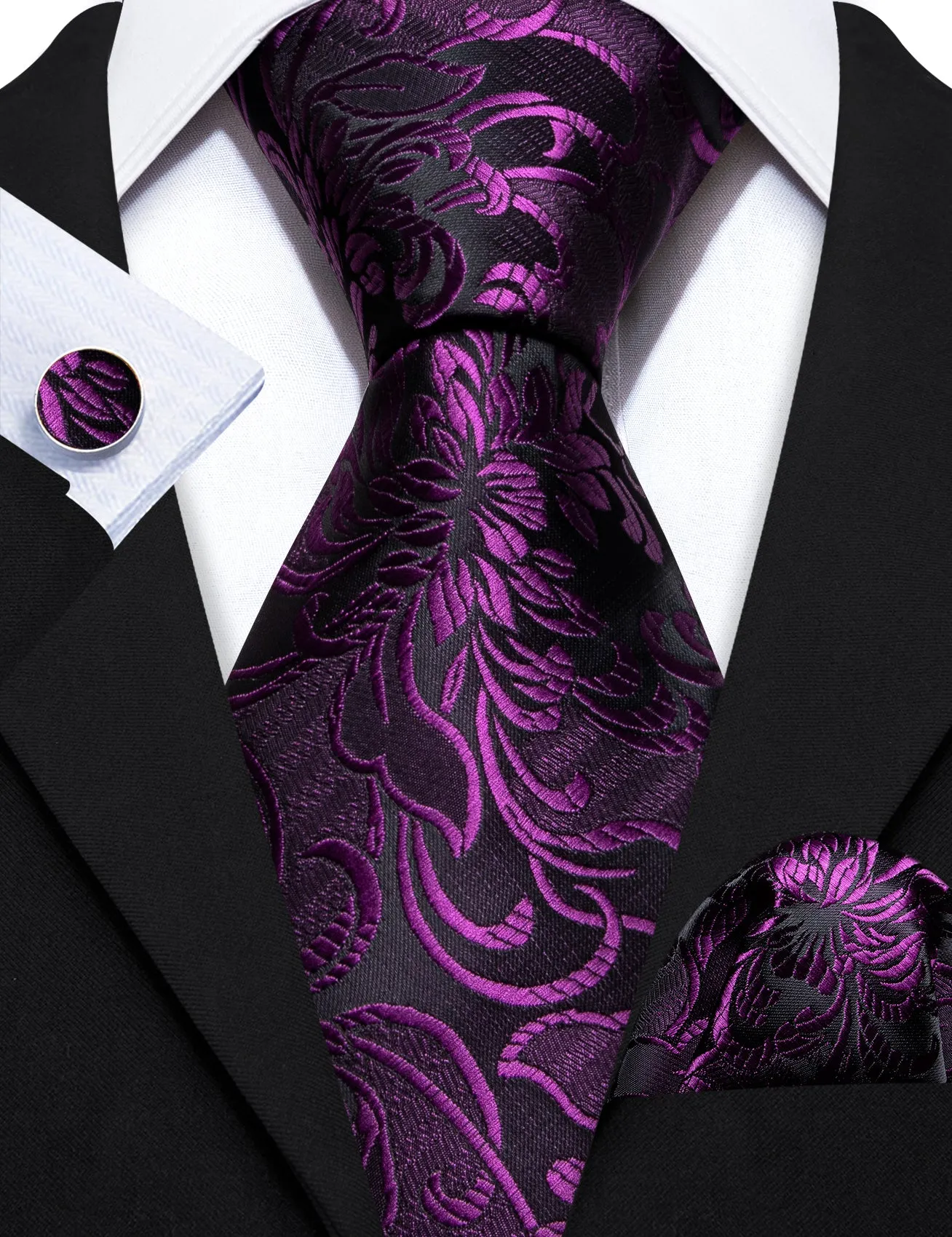 Barry. Wang Purple Black Paisley Silk Tie Handkerchief Cufflinks Set sold by Barrywang product image thumbnail 3