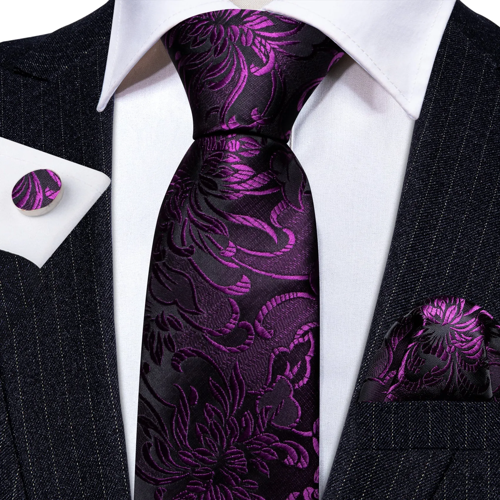 Barry. Wang Purple Black Paisley Silk Tie Handkerchief Cufflinks Set sold by Barrywang product image thumbnail 2