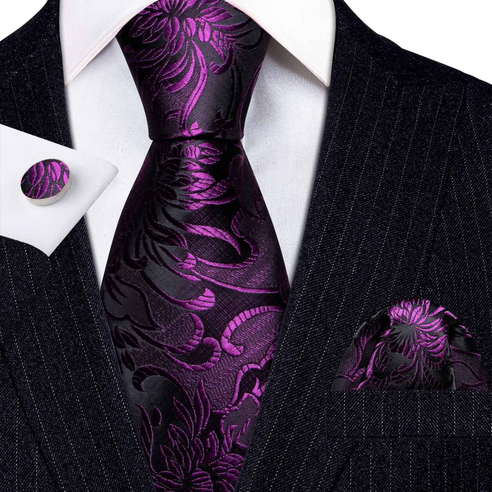 Barry. Wang Purple Black Paisley Silk Tie Handkerchief Cufflinks Set sold by Barrywang product image thumbnail 4