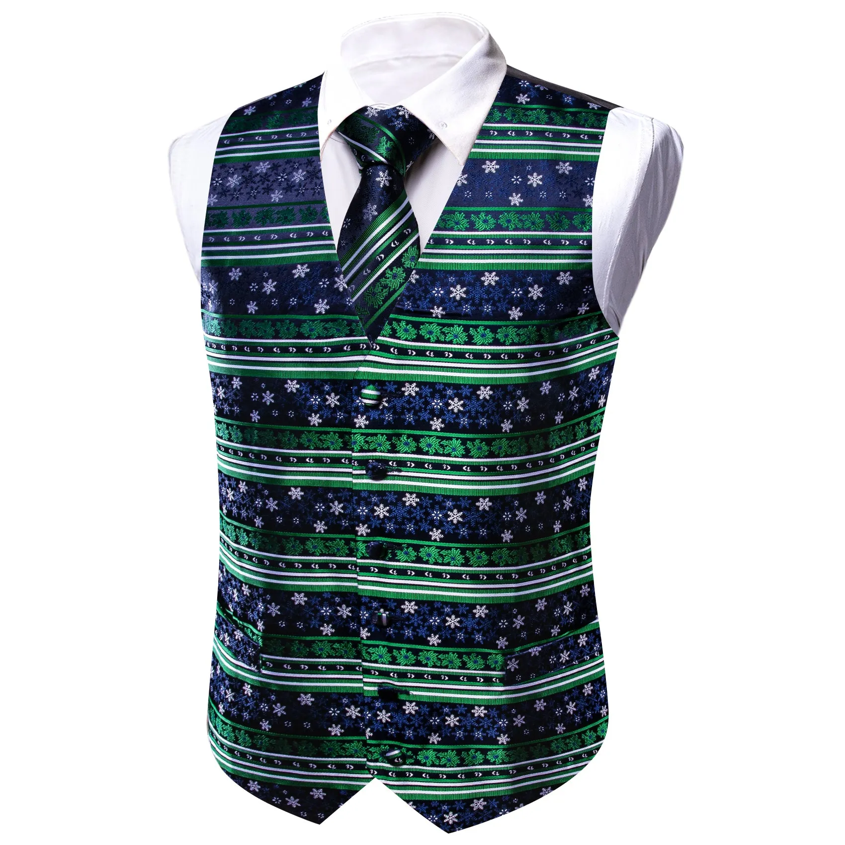 Barry. Wang Mens Green Suit Vest Navy Snowflake Xmas Formal Waistcoat Tie Hanky Cufflinks Set sold by Barrywang product image thumbnail 3