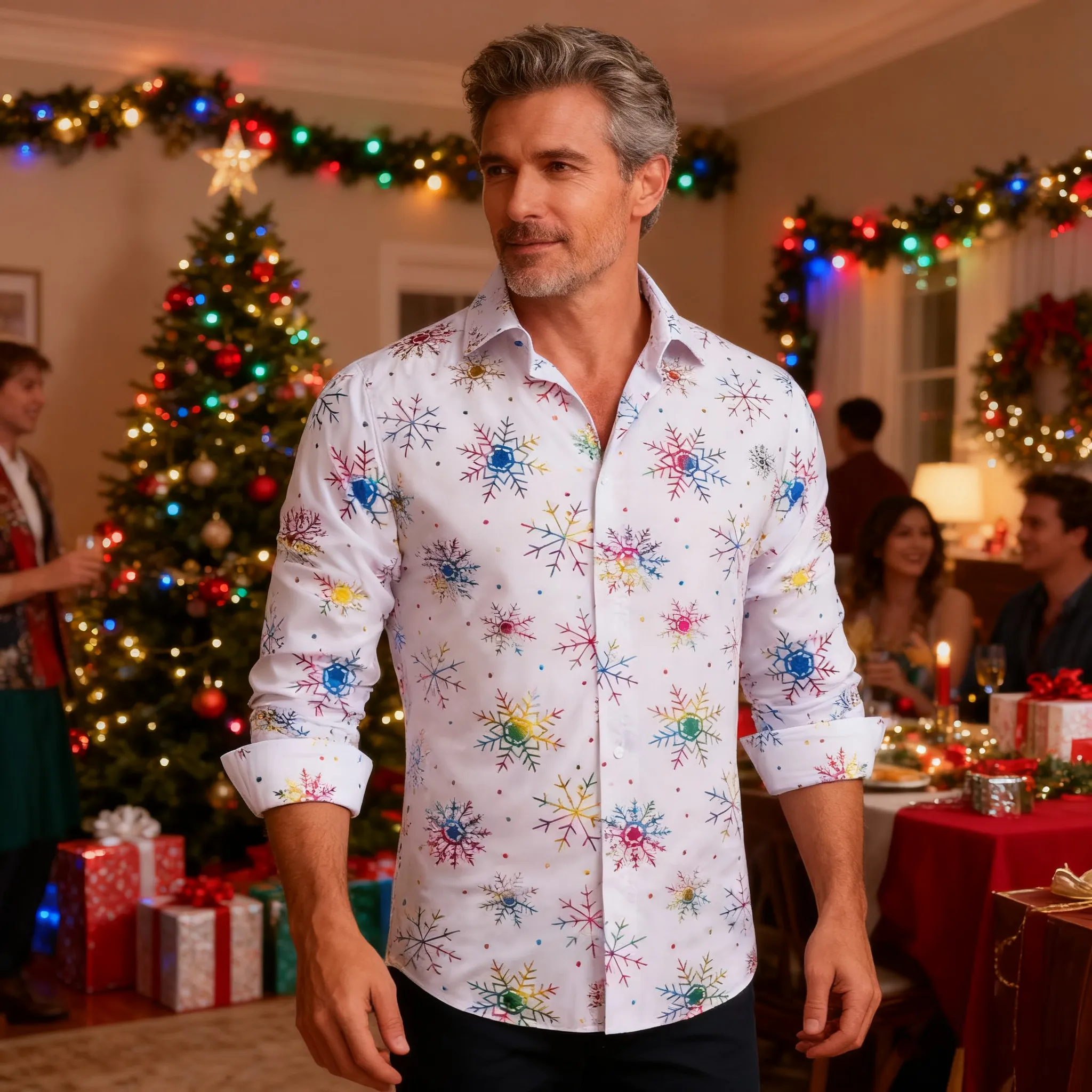 Barry.Wang Mens Holiday White Shirt Colorful Xmas Party Button Up Dress Shirt sold by Barrywang product image thumbnail 2