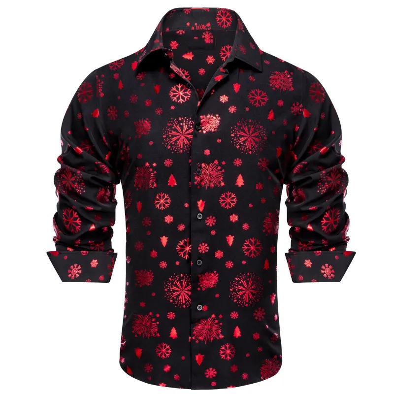 Barry. Wang Holiday Black Dress Shirt Red Snowflake Pattern Long Sleeve Shirt sold by Barrywang