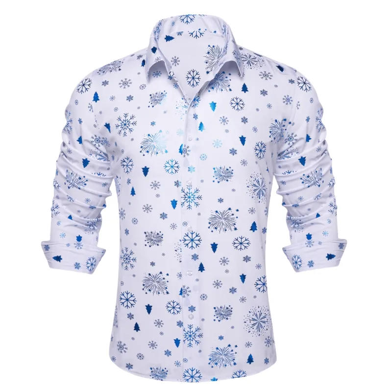 Barry. Wang Holiday White Shirt Sky Blue Xmas Pattern Long Sleeve Shirt sold by Barrywang