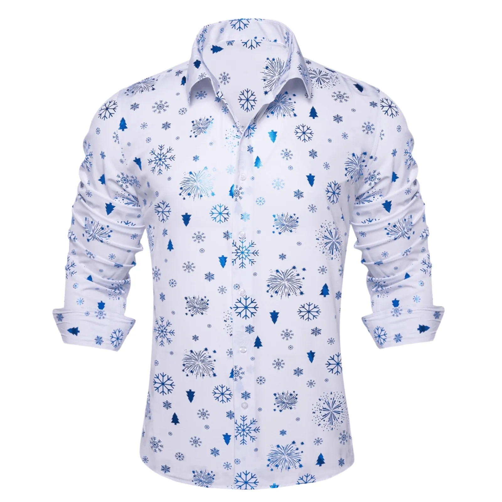 Barry. Wang Holiday White Shirt Sky Blue Xmas Pattern Long Sleeve Shirt sold by Barrywang
