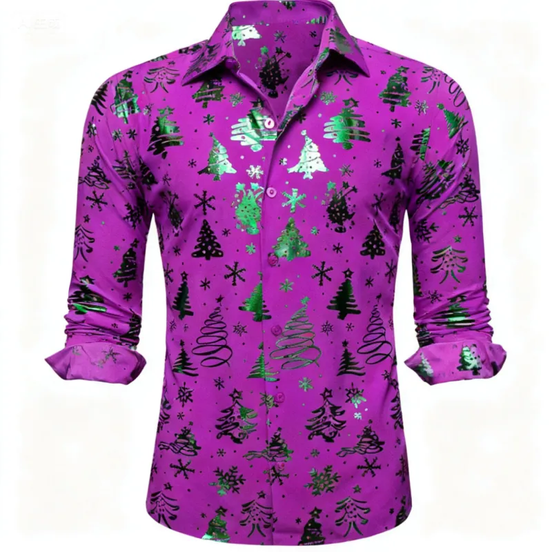 Barry. Wang Holiday Purple Dress Shirt Green Snowflake Tree Pattern Long Sleeve Shirt sold by Barrywang