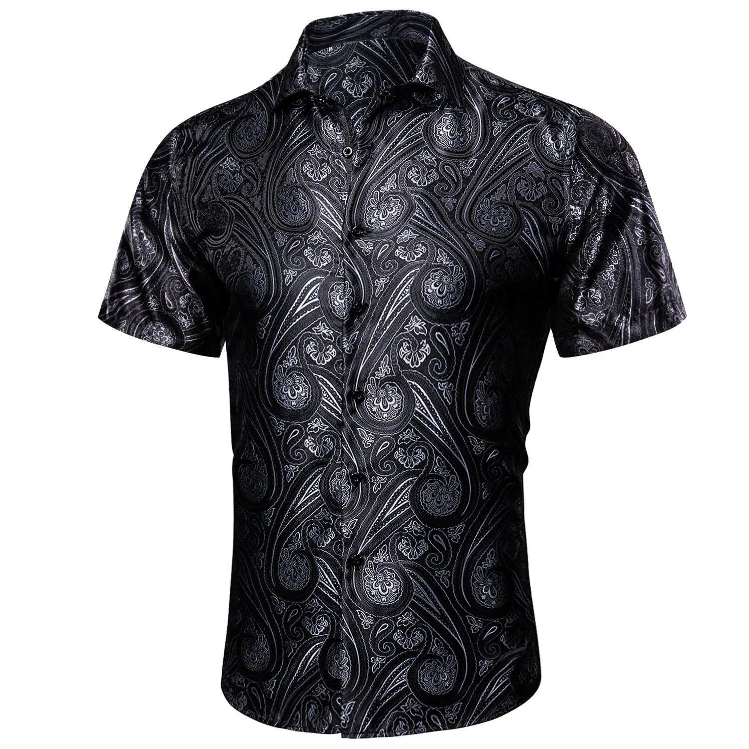 Barry. Wang Black White Paisley Jacquard Short Sleeve Button Up Shirt sold by Barrywang product image thumbnail 3