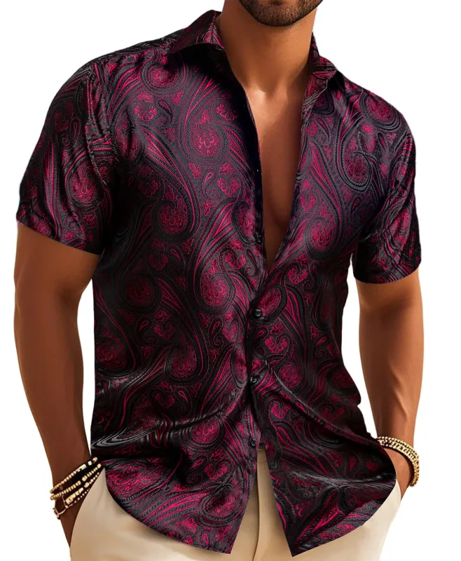 Barry. Wang Burgundy Black Paisley Jacquard Short Sleeve Button Up Shirt sold by Barrywang