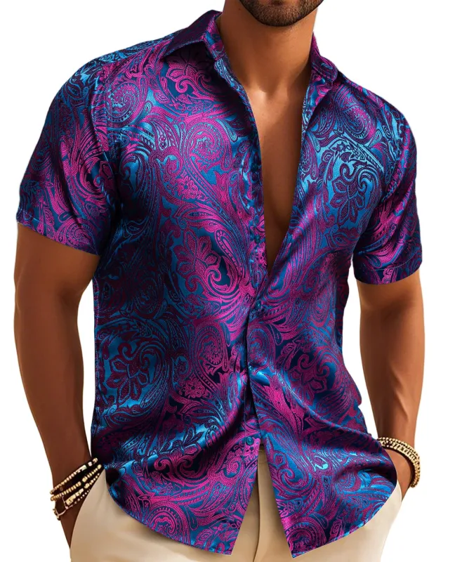 Barry. Wang Purple Blue Paisley Silk Short Sleeve Daily Slim Fit Men's Shirt sold by Barrywang