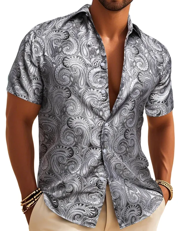 Barry. Wang Silver Silk Paisley Tribal Short Sleeve Daily Slim Fit Men's Shirt sold by Barrywang