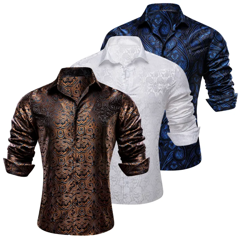 Barry.Wang 3pcs Men Dress Shirts Brown White Blue Paisley Floral Shirt Silk Shirt sold by Barrywang