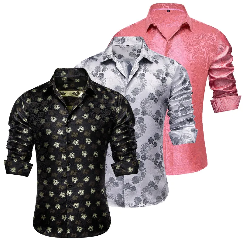Barry.Wang 3pcs Men Dress Shirts Black Grey Pink Paisley Floral Shirt Silk Shirt sold by Barrywang