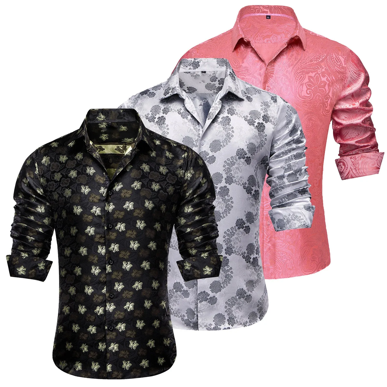 Barry.Wang 3pcs Men Dress Shirts Black Grey Pink Paisley Floral Shirt Silk Shirt sold by Barrywang