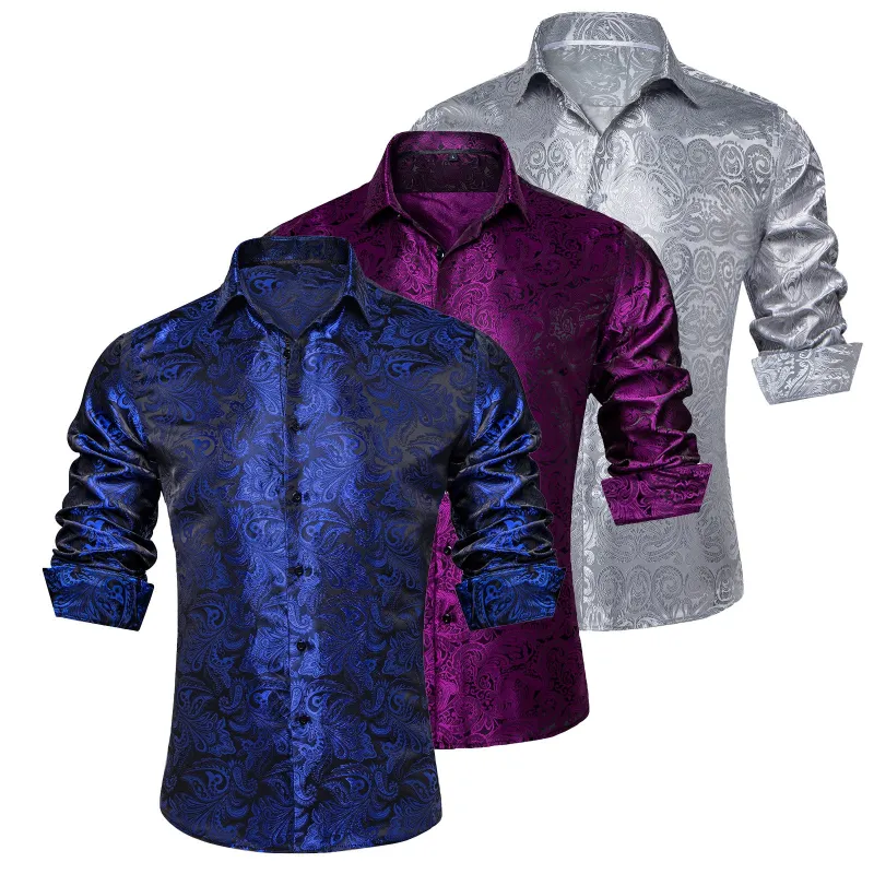 Barry.Wang 3pcs Men Dress Shirts Blue Purple Grey Paisley Shirt Silk Shirt sold by Barrywang