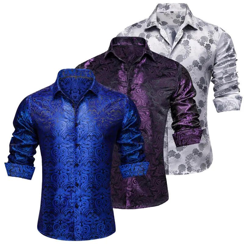 Barry.Wang 3pcs Men Dress Shirts Blue Purple Grey Paisley Floral Shirt Silk Long Sleeve Shirt sold by Barrywang