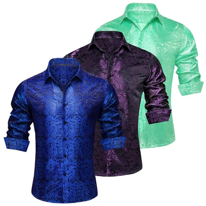 Barry.Wang 3pcs Men Dress Shirts Blue Purple Green Paisley Shirt Silk Long Sleeve Shirt sold by Barrywang