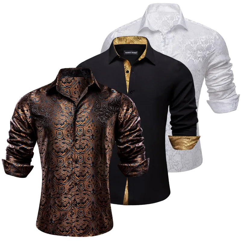 Barry.Wang 3pcs Men Dress Shirts Brown Black White Paisley Splicing Shirt Silk Long Sleeve Shirt sold by Barrywang
