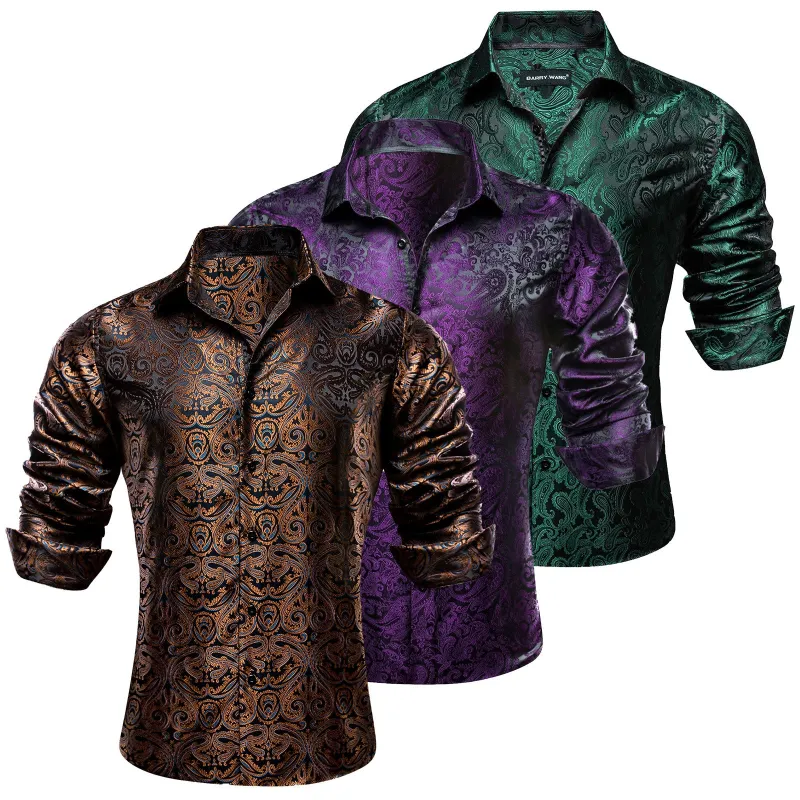 Barry.Wang 3pcs Men Dress Shirts Brown Purple Green Paisley Shirt Silk Long Sleeve Shirt sold by Barrywang