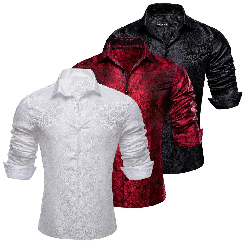 Barry.Wang 3pcs Men Dress Shirts White Red Black Paisley Splicing Shirt Silk Long Sleeve Shirt sold by Barrywang