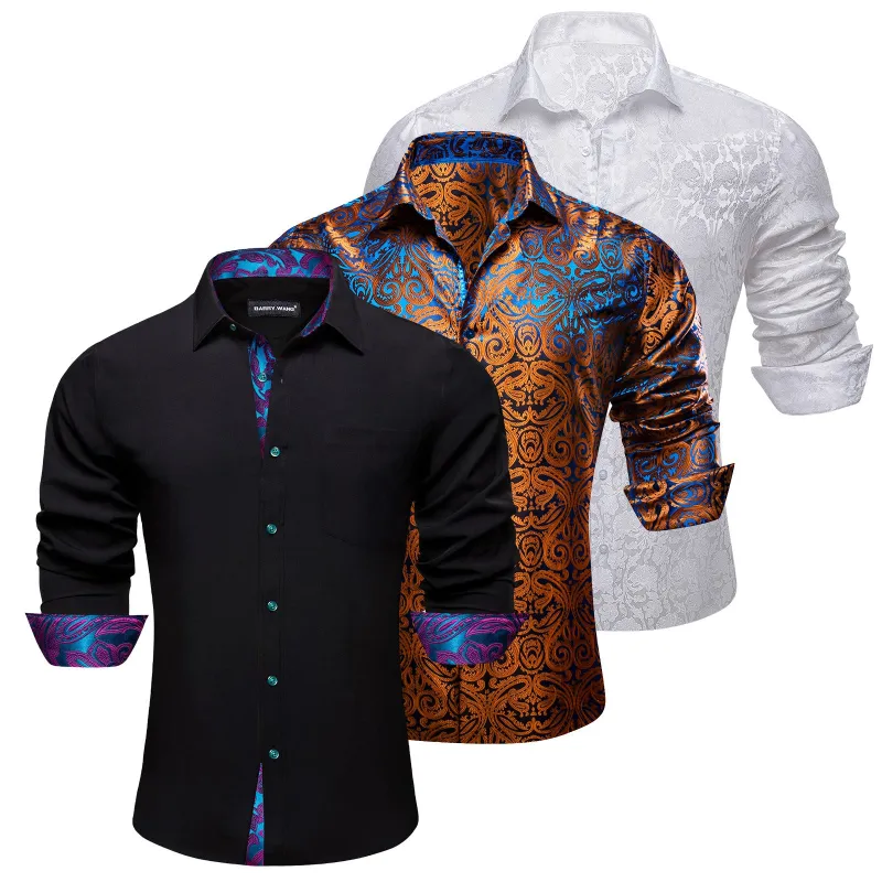 Barry.Wang 3pcs Men Dress Shirts Black Brown White Paisley Splicing Shirt Silk Long Sleeve sold by Barrywang