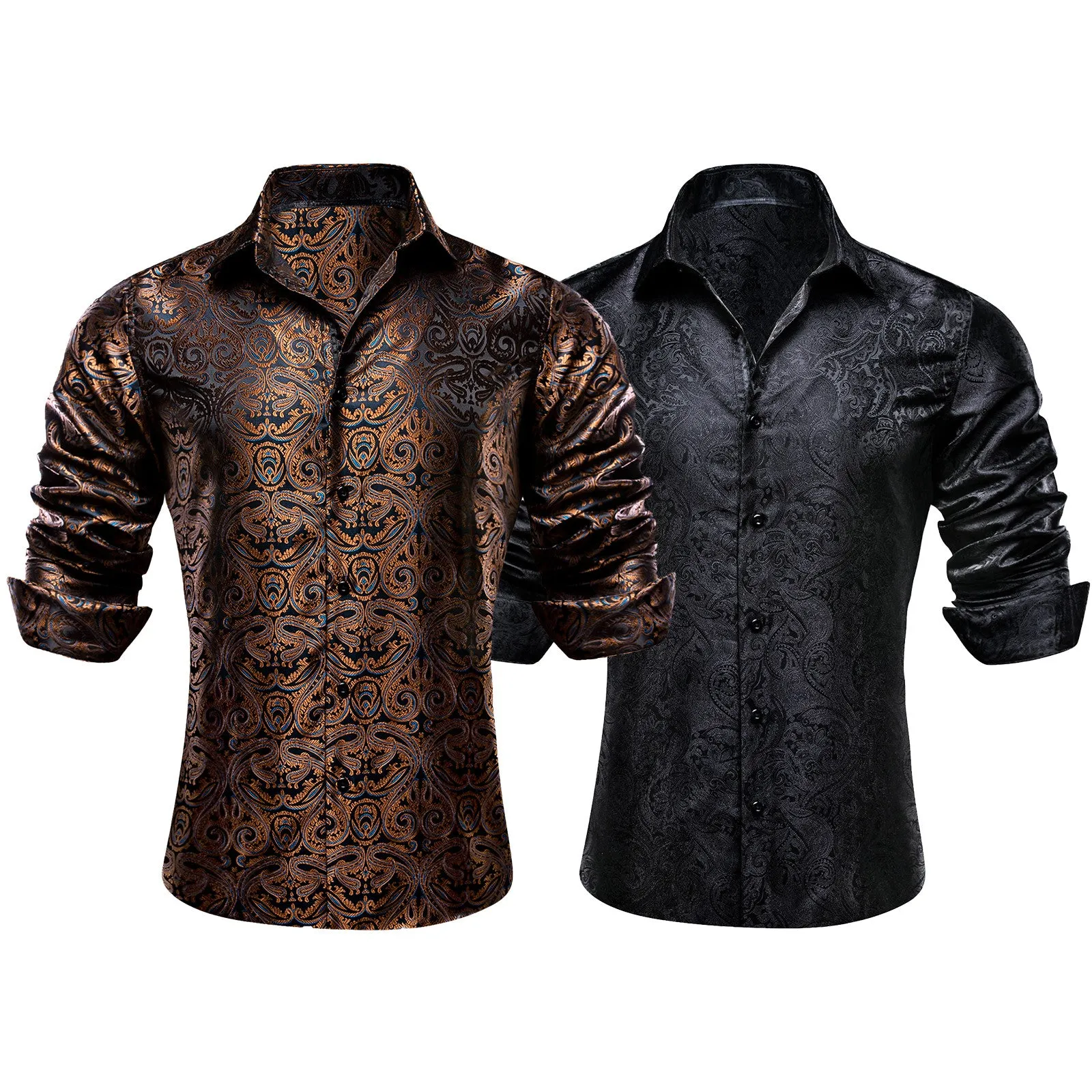 Barry.Wang 2pcs Men Long Sleeve Dress Shirts Brown Black Paisley Shirt Silk Shirt sold by Barrywang