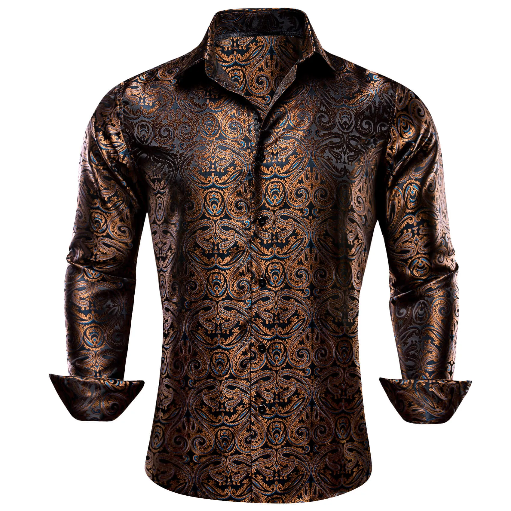 Barry.Wang 2pcs Men Long Sleeve Dress Shirts Brown Black Paisley Shirt Silk Shirt sold by Barrywang product image thumbnail 2