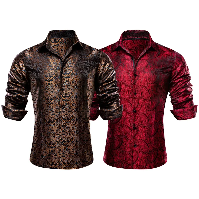 Barry.Wang 2pcs Men Dress Shirts Brown Red Paisley Shirt Silk Long Sleeve Shirt sold by Barrywang