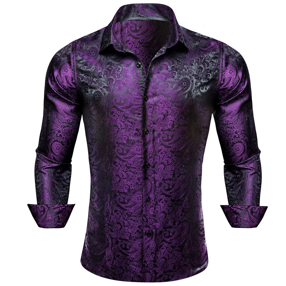 Barry.Wang 2pcs Men Dress Shirts Brown Purple Paisley Shirt Silk Long Sleeve Shirt sold by Barrywang product image thumbnail 2