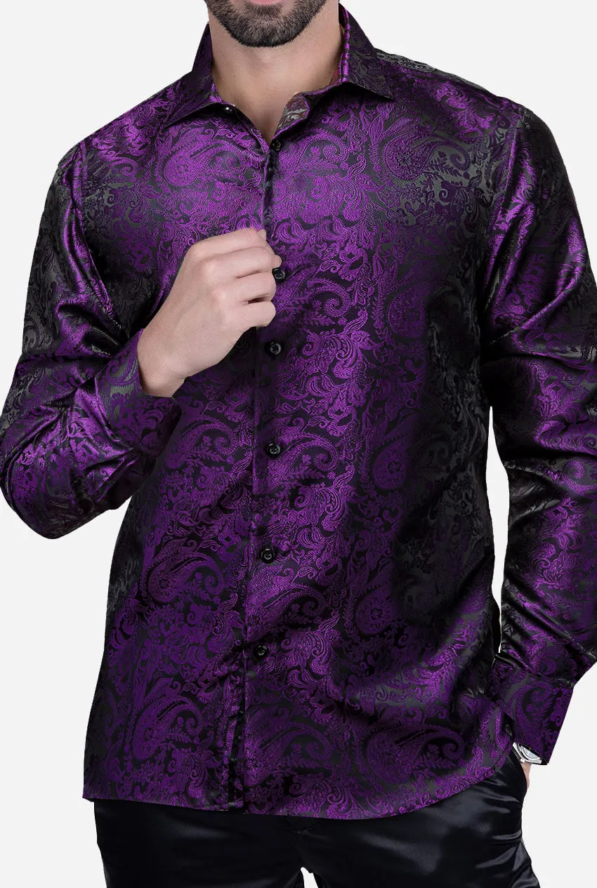 Barry.Wang 2pcs Men Dress Shirts Brown Purple Paisley Shirt Silk Long Sleeve Shirt sold by Barrywang product image thumbnail 3