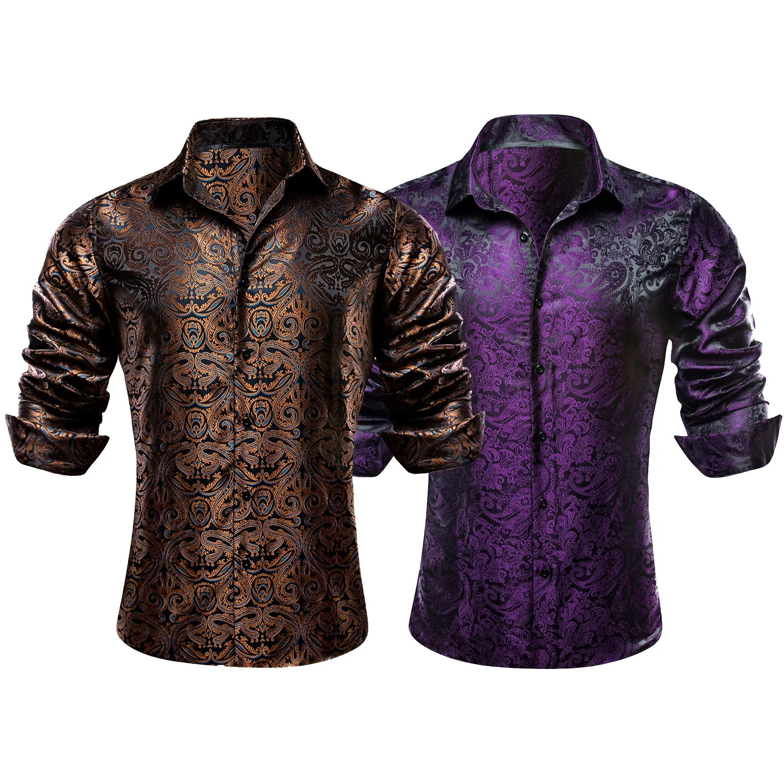 Barry.Wang 2pcs Men Dress Shirts Brown Purple Paisley Shirt Silk Long Sleeve Shirt sold by Barrywang
