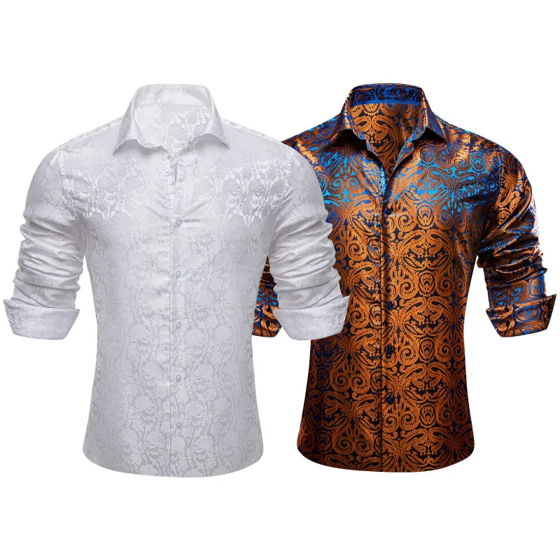 Barry.Wang 2pcs Men Dress Shirts White Brown Paisley 70s Disco Shirt Silk Long Sleeve Shirt sold by Barrywang