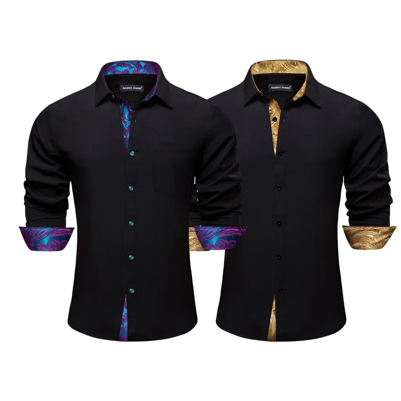 Barry.Wang 2pcs Mens Dress Shirts Black Splicing Silk Long Sleeve Shirt sold by Barrywang