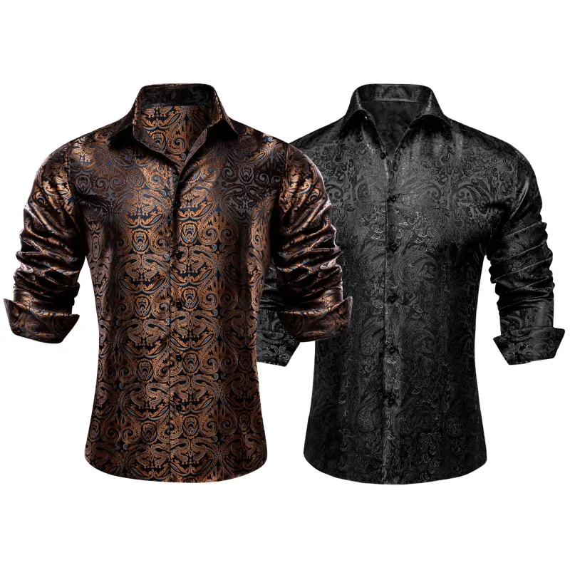 Barry.Wang 2pcs Mens Shirts Brown Black Paisley Shirt Silk Shirt sold by Barrywang