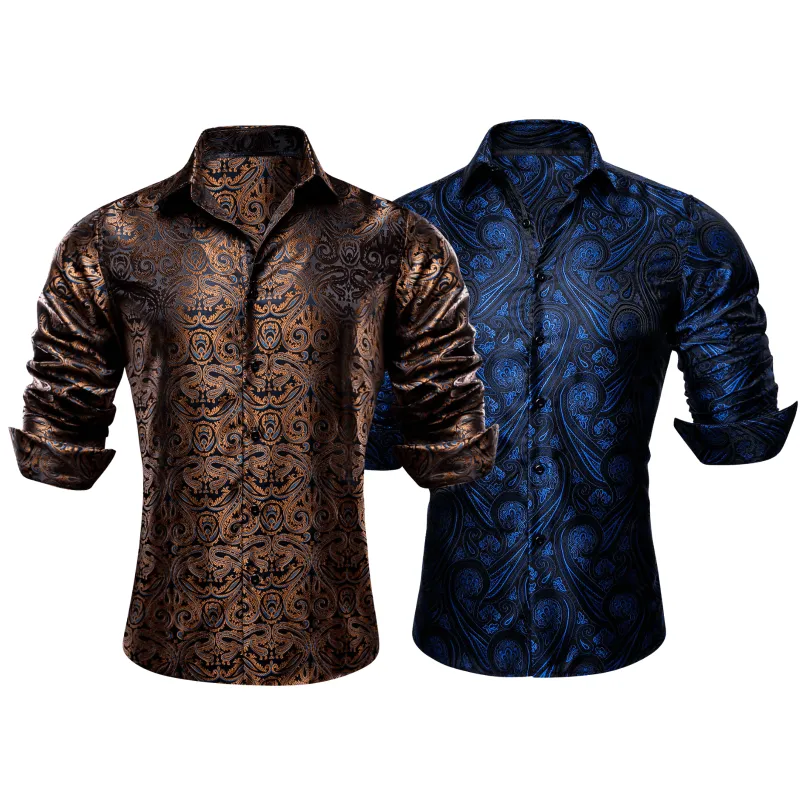Barry.Wang 2pcs Mens Shirts Brown Blue Paisley Shirt Silk Shirt sold by Barrywang