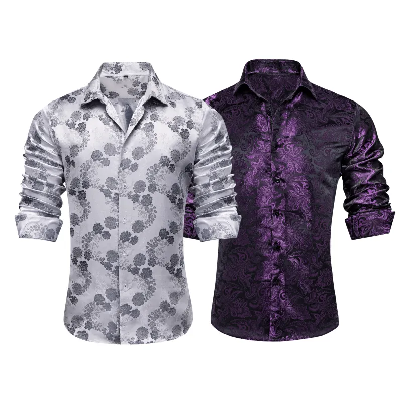 Barry.Wang 2pcs Mens Shirts Grey Purple Paisley Shirt Silk Shirt sold by Barrywang