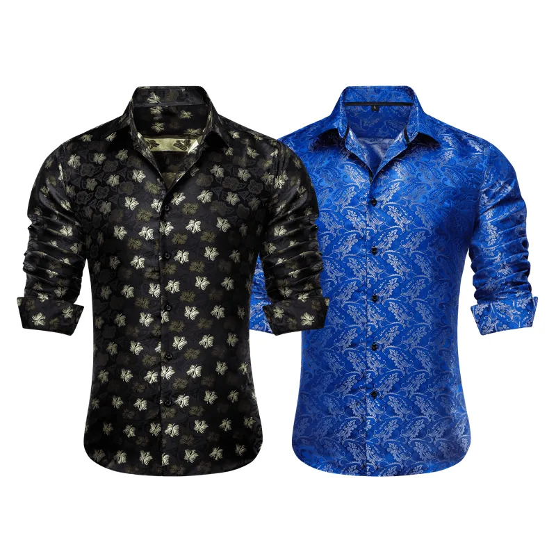 Barry.Wang 2pcs Mens Shirts Black Blue Paisley Shirt Silk Shirt sold by Barrywang