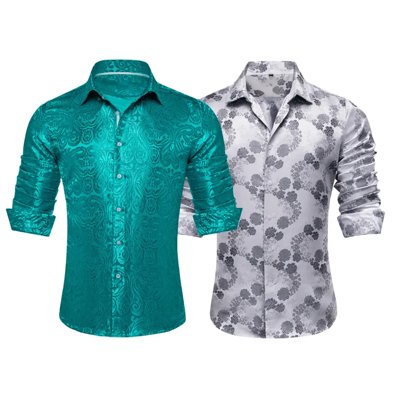 Barry.Wang 2pcs Mens Shirts Green Grey Paisley Shirt Silk Shirt sold by Barrywang