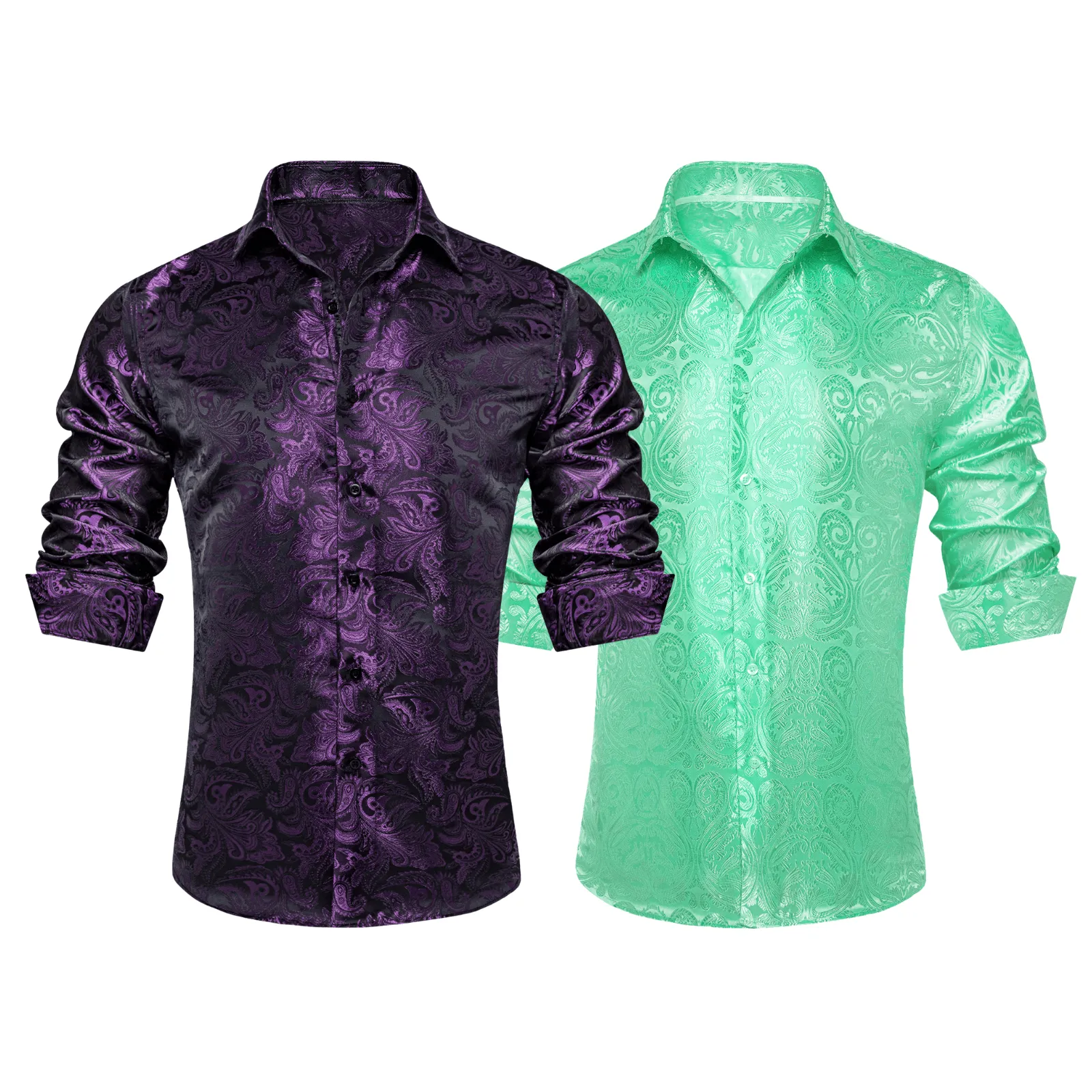 Barry.Wang 2pcs Mens Shirts Purple Green Paisley Floral Shirt Silk Shirt sold by Barrywang