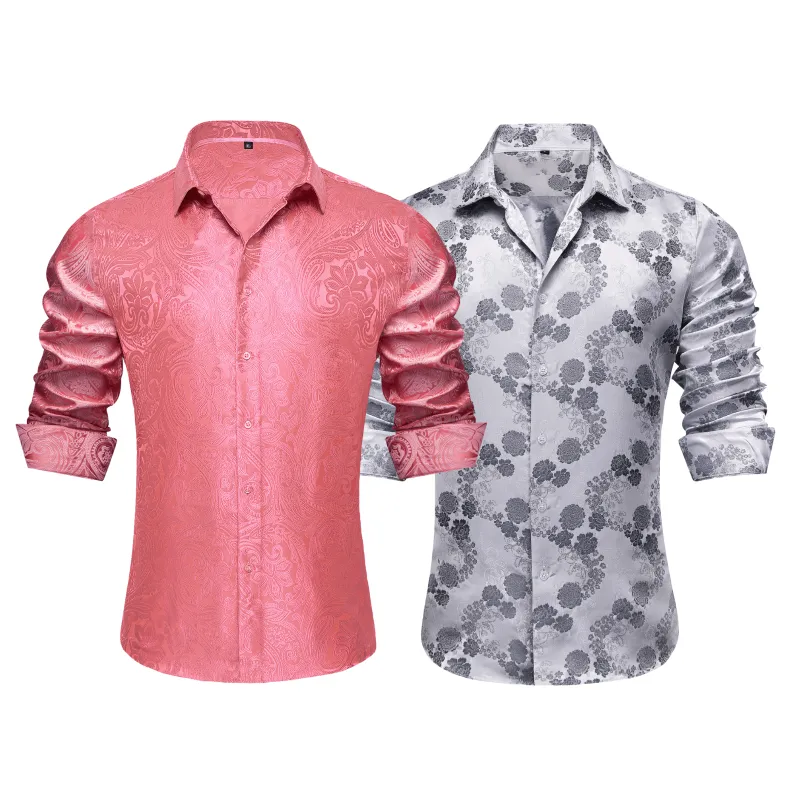 Barry.Wang 2pcs Mens Shirts Pink Grey Paisley Floral Shirt Silk Shirt sold by Barrywang