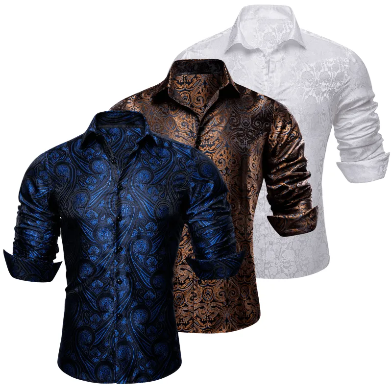 Barry.Wang 3pcs Mens Dress Shirts Blue White Brown Paisley Shirt Silk Shirt sold by Barrywang