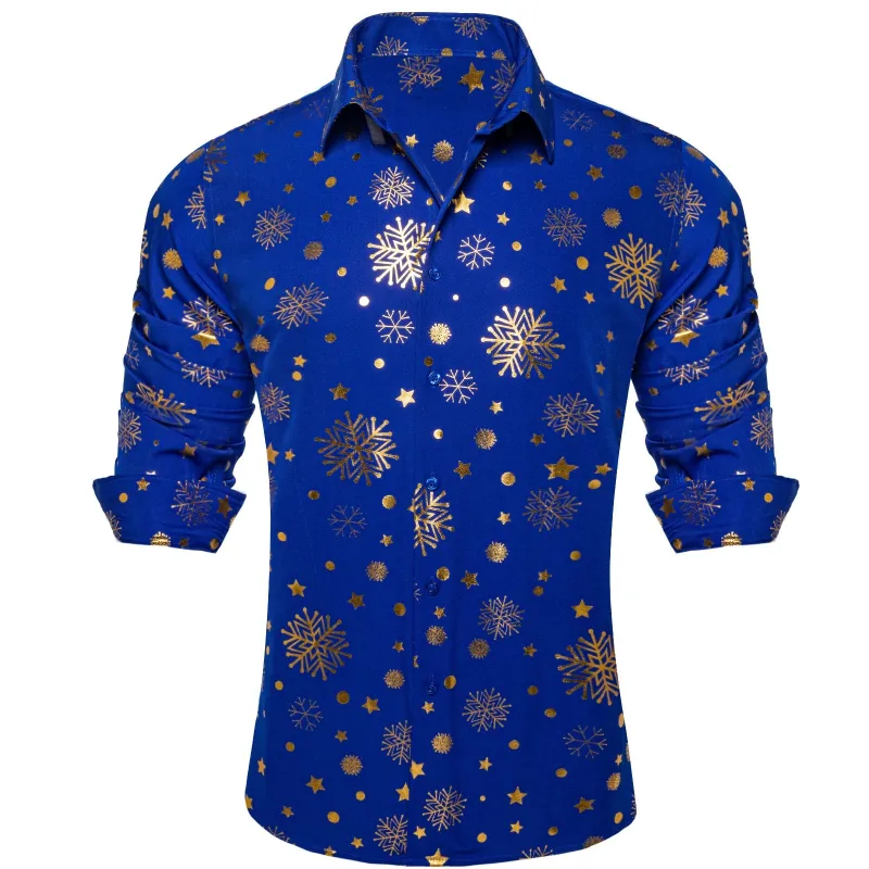 Barry. Wang Holiday Royal Blue Shirt Gold Snowflake Pattern Long Sleeve Shirt made by Barrywang