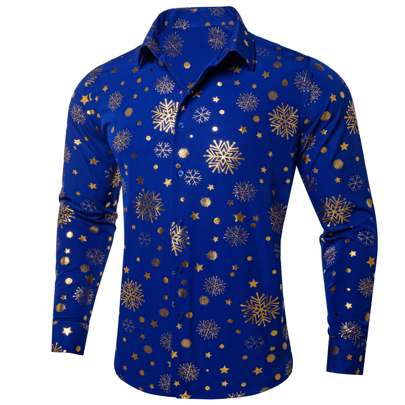 Barry. Wang Holiday Royal Blue Shirt Gold Snowflake Pattern Long Sleeve Shirt sold by Barrywang product image thumbnail 2