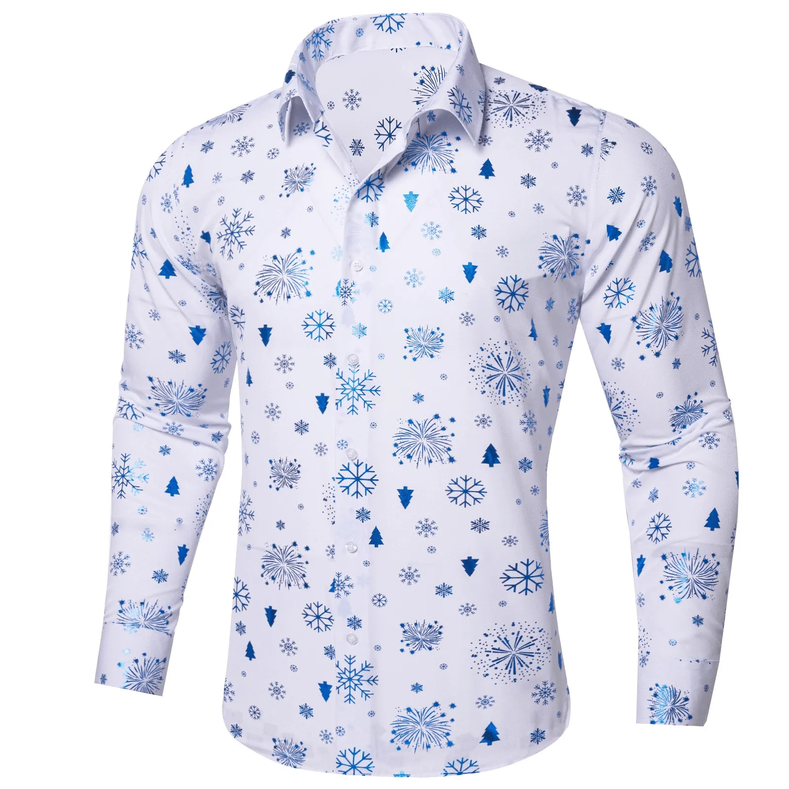 Barry. Wang Holiday White Shirt Sky Blue Snowflake Pattern Long Sleeve Shirt sold by Barrywang product image thumbnail 2