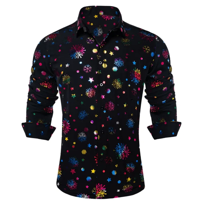 Barry.Wang Mens Black Shirt Colorful Xmas Holiday Party Button Up Dress Shirt sold by Barrywang