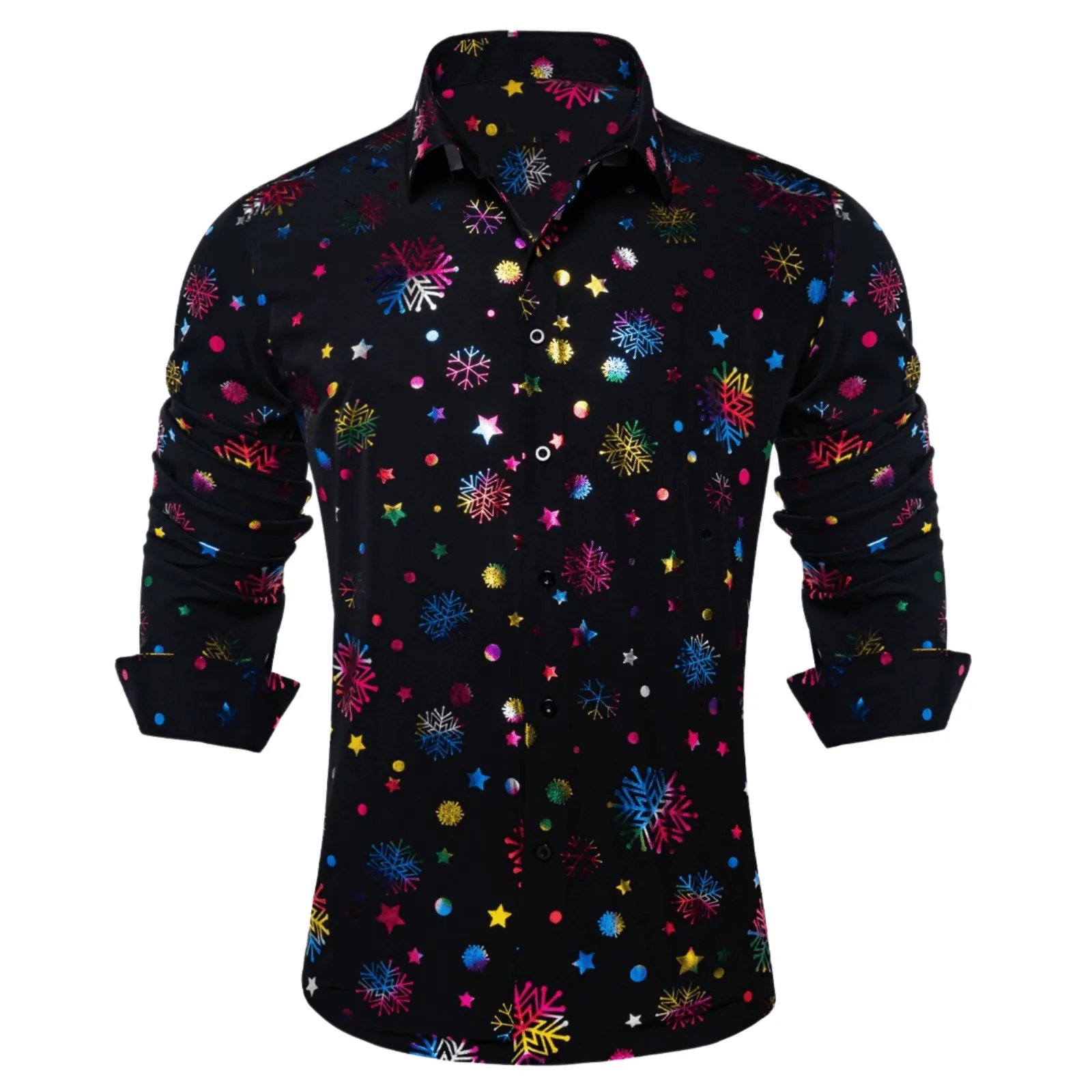 Barry.Wang Mens Black Shirt Colorful Xmas Holiday Party Button Up Dress Shirt sold by Barrywang