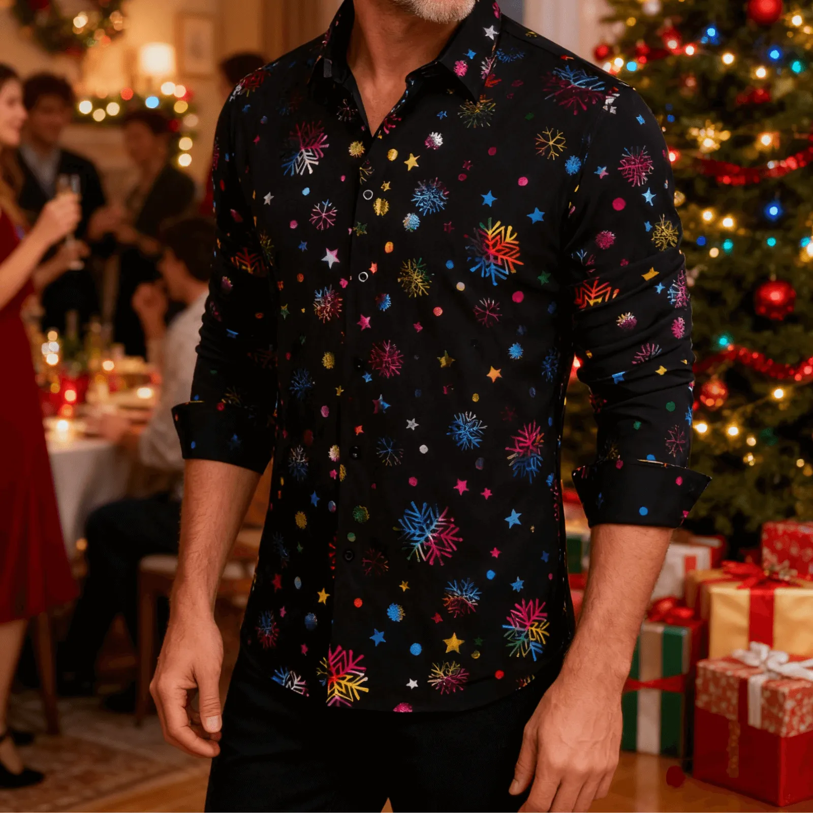 Barry.Wang Mens Black Shirt Colorful Xmas Holiday Party Button Up Dress Shirt sold by Barrywang product image thumbnail 4