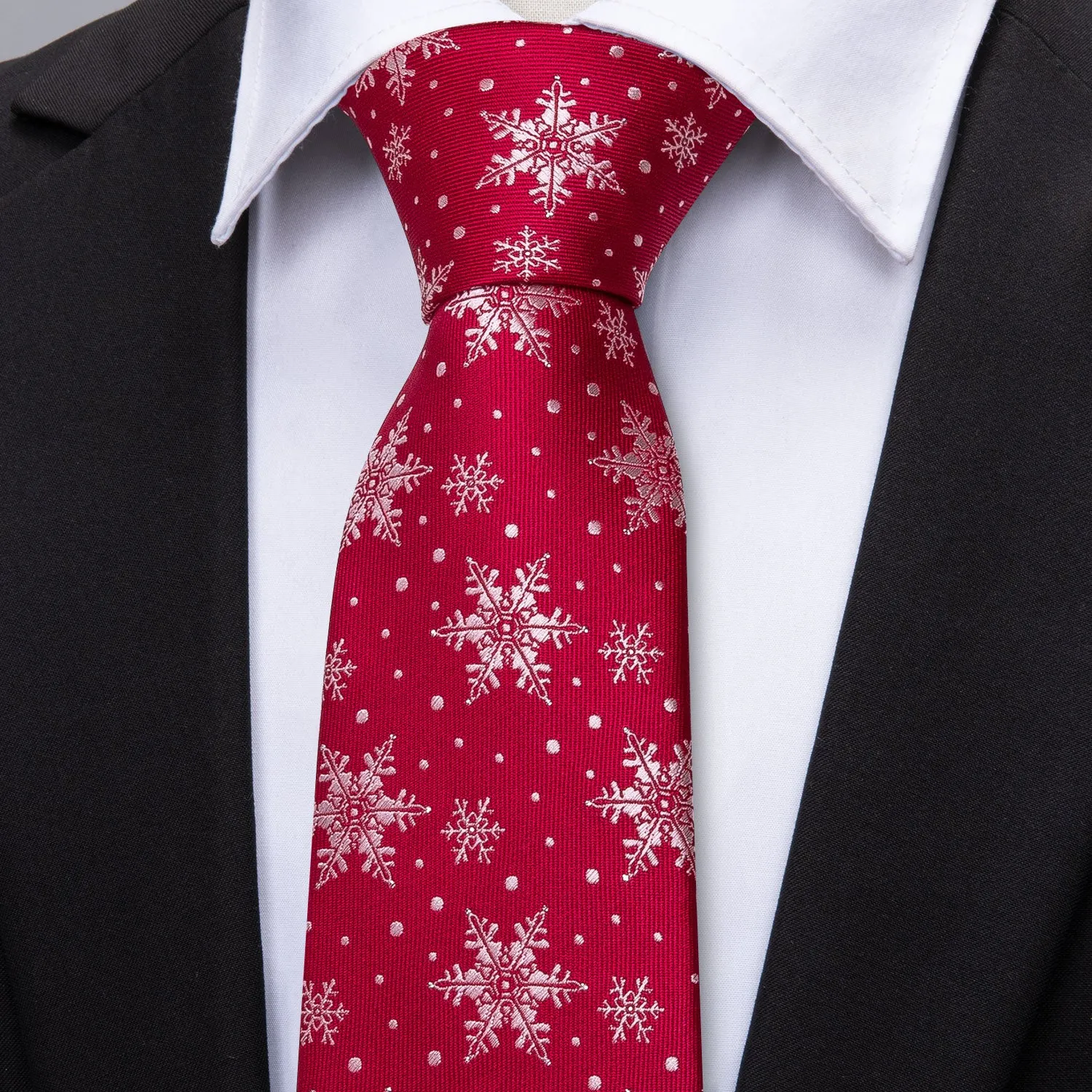 Barry. Wang Holiday Red Tie White Snowflake Silk Men's Tie Pocket Square Cufflinks Set sold by Barrywang product image thumbnail 3