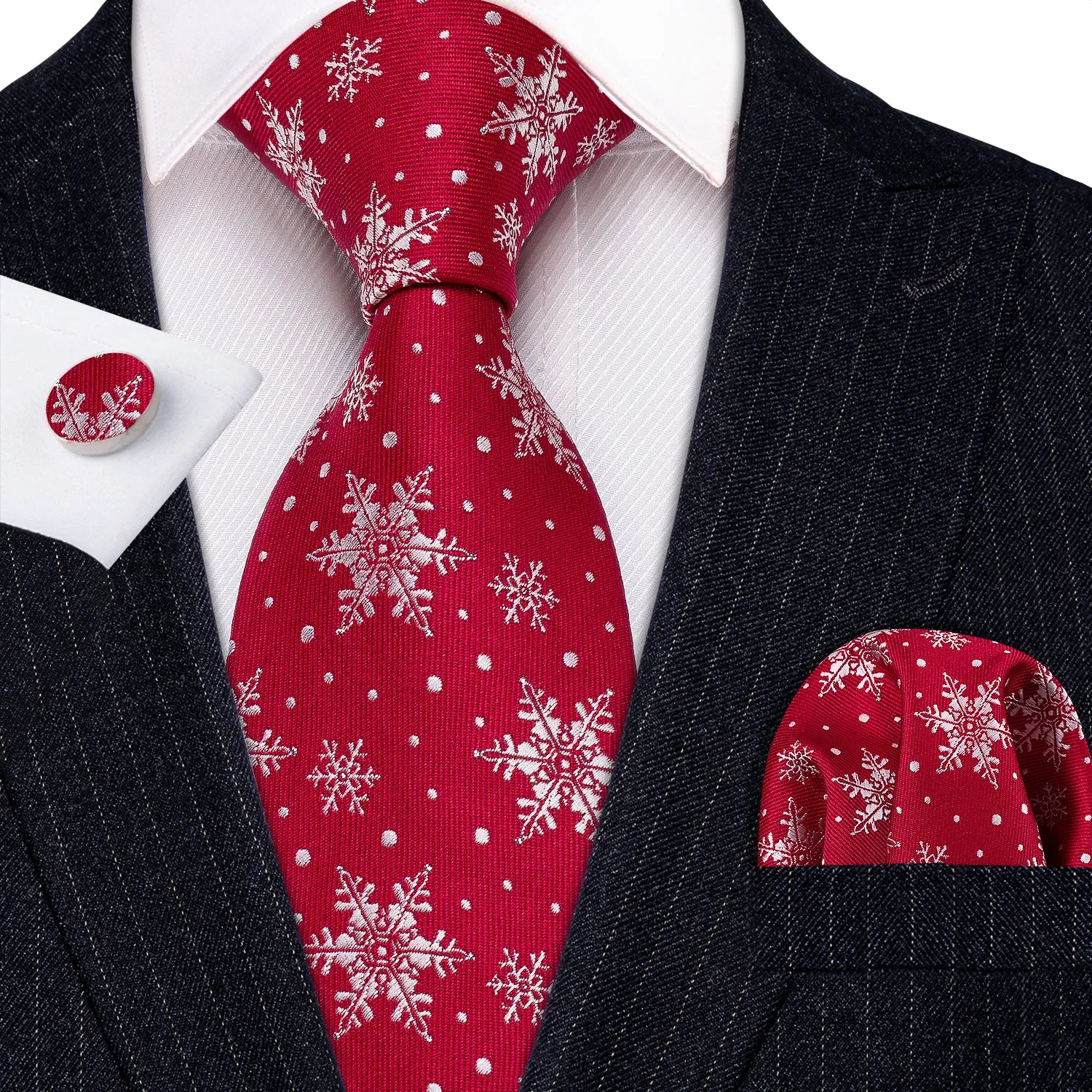 Barry. Wang Holiday Red Tie White Snowflake Silk Men's Tie Pocket Square Cufflinks Set sold by Barrywang