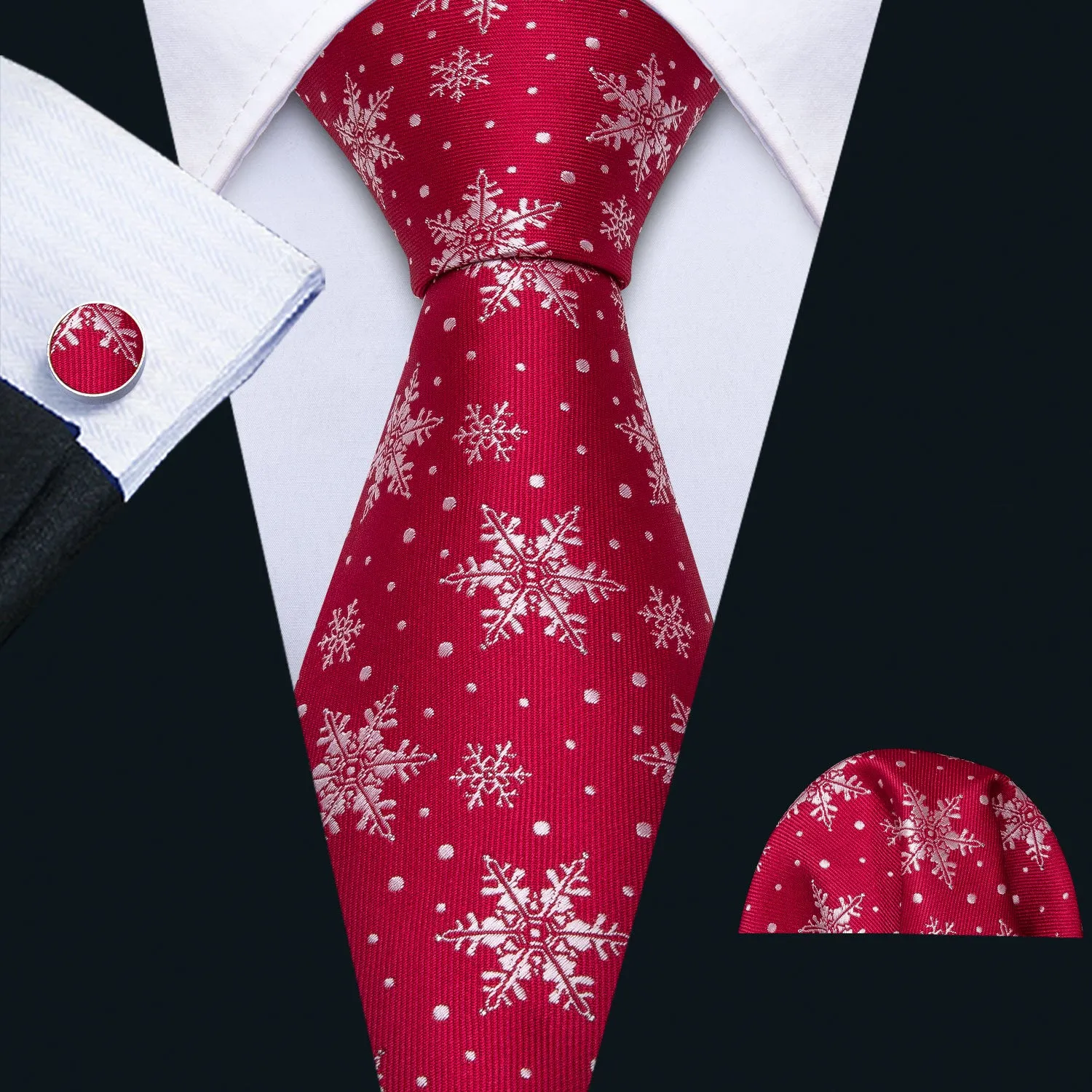 Barry. Wang Holiday Red Tie White Snowflake Silk Men's Tie Pocket Square Cufflinks Set sold by Barrywang product image thumbnail 2