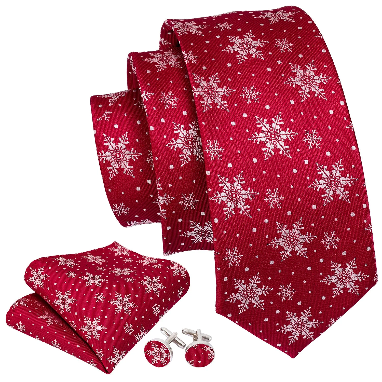 Barry. Wang Holiday Red Tie White Snowflake Silk Men's Tie Pocket Square Cufflinks Set sold by Barrywang product image thumbnail 4