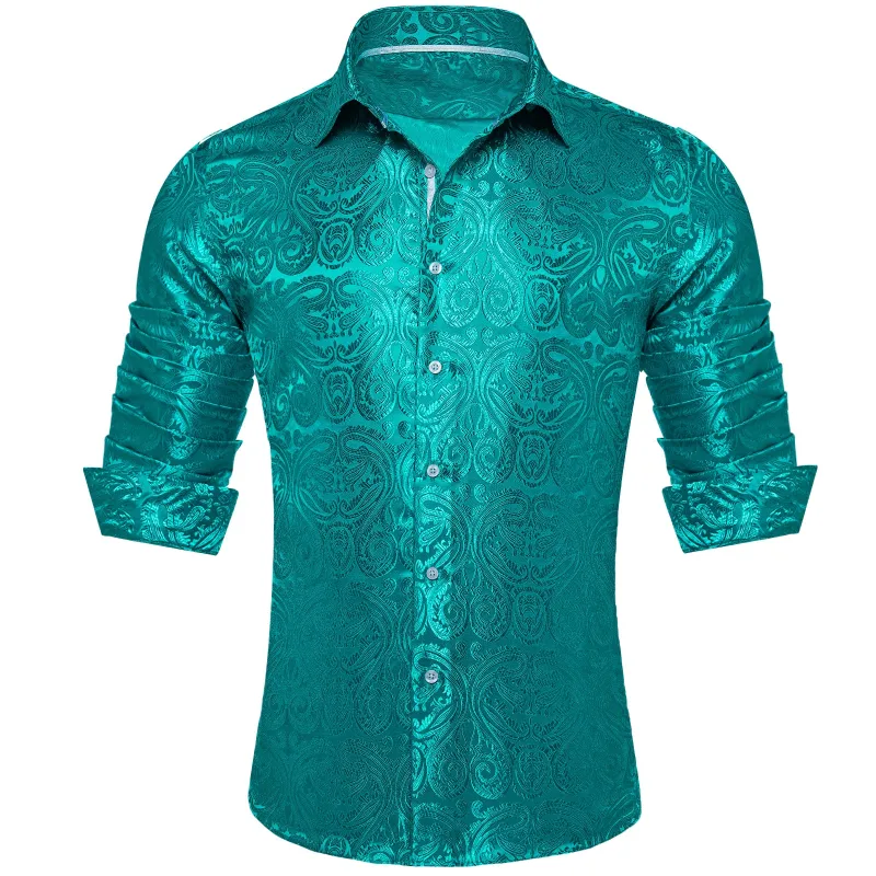 Barry. Wang Teal Blue Paisley Long Sleeve Button Down Dress Shirt sold by Barrywang